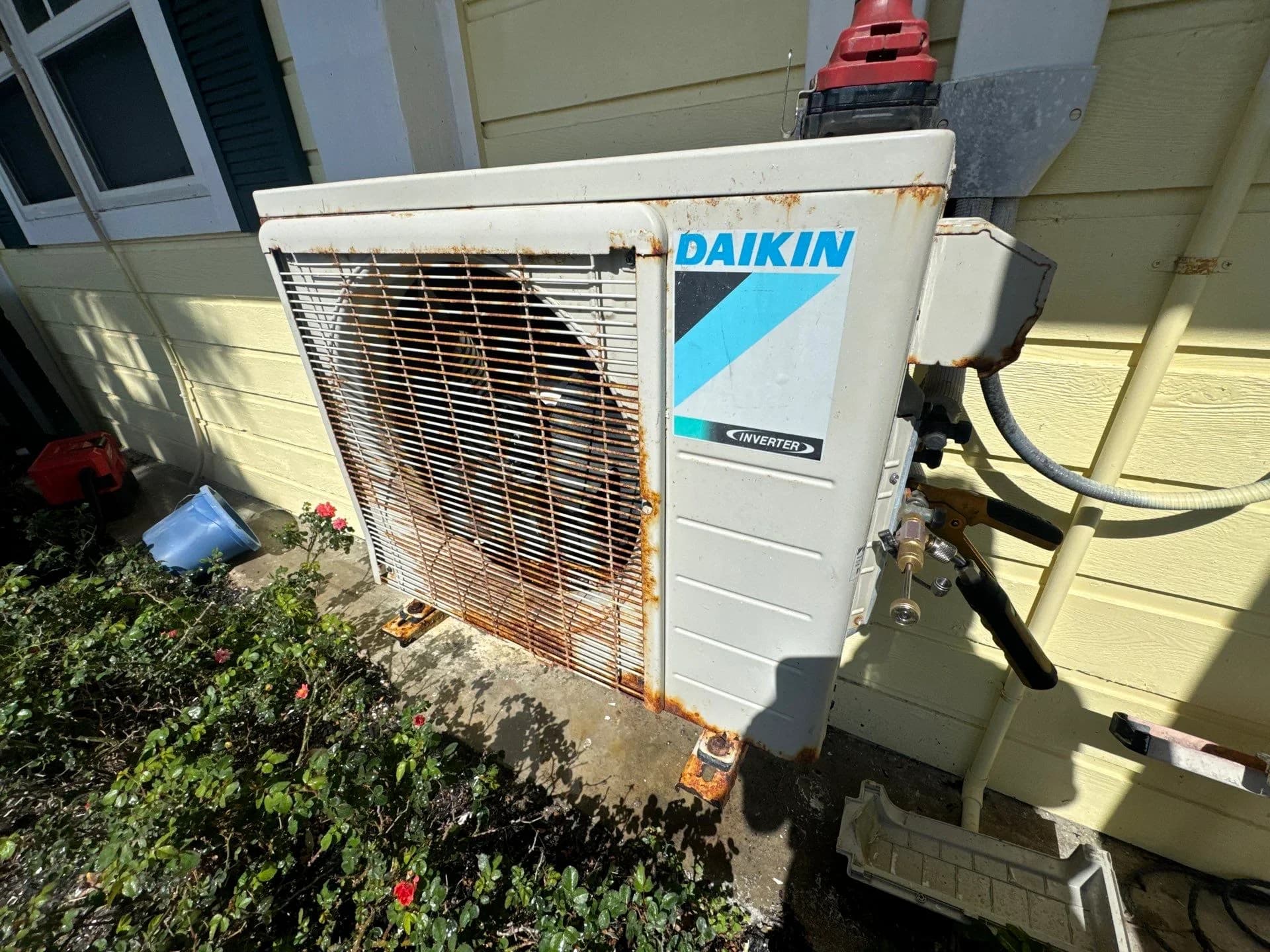 Daikin outdoor AC unit showing rust and maintenance needs in a residential Galveston TX setting